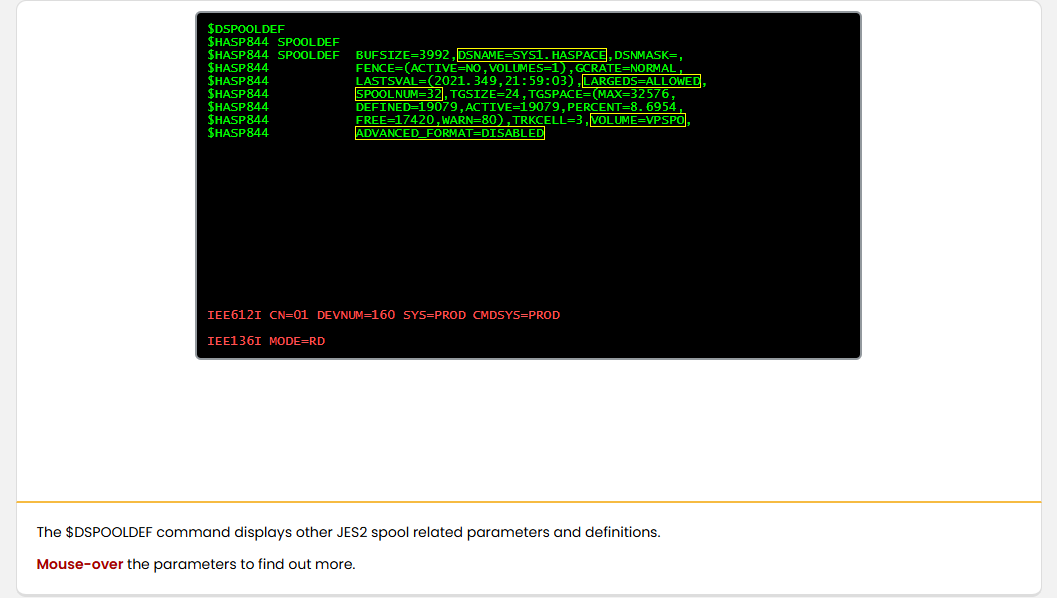 Configuring JES2 JES2 Spool Data Sets: Configuring JES2 - Display Spool Definitions screenshot